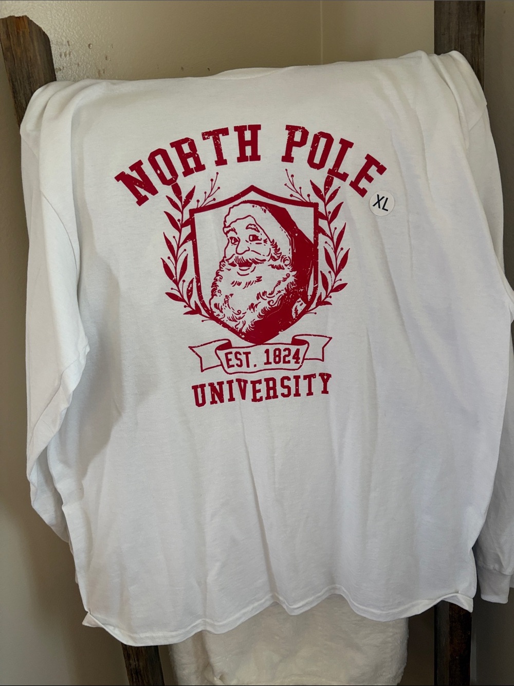 North Pole University White Long-Sleeve Shirt - Santa Graphic